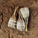 Three bundles of sage on a sandy surface