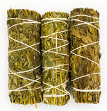 3 smudge sticks of black sage on a white background